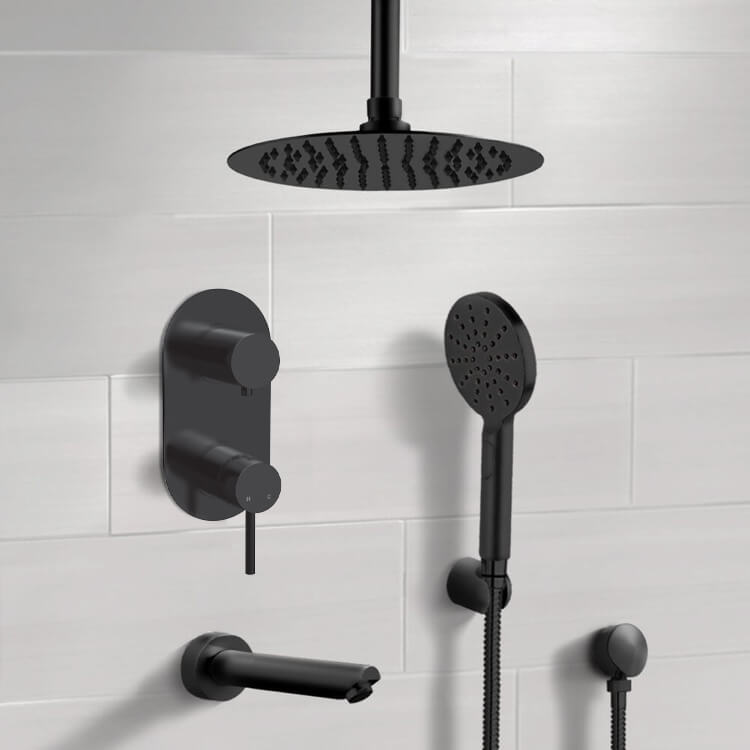 Remer TSH73-10 Matte Black Tub and Shower System With 10 Inch Rain Ceiling Shower Head and Hand Shower